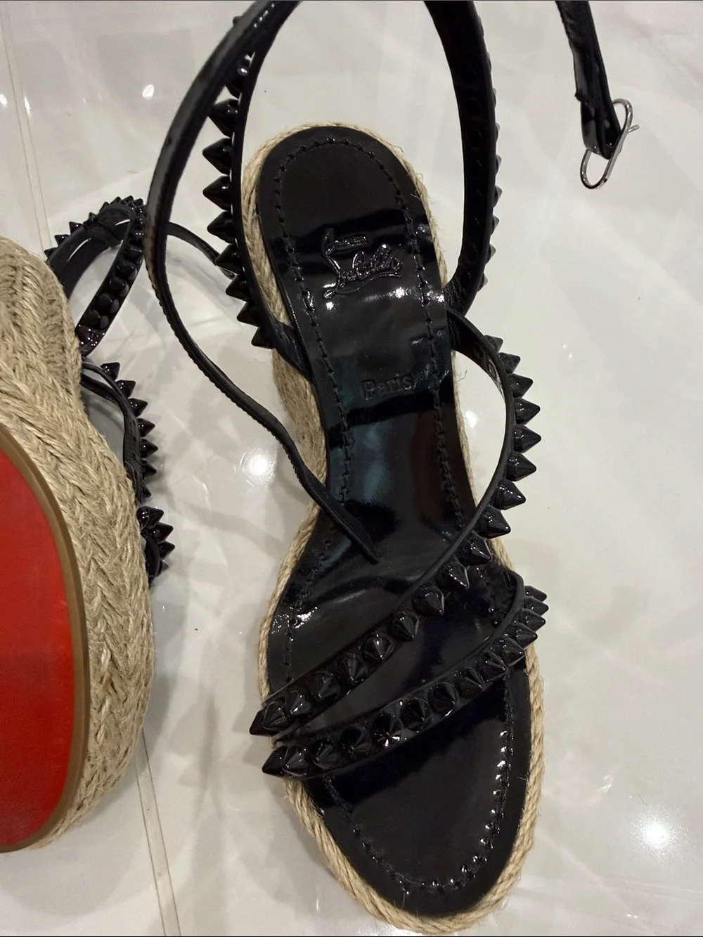 Christian Louboutin Black Patent Studded Espadrille Wedge Sandals
